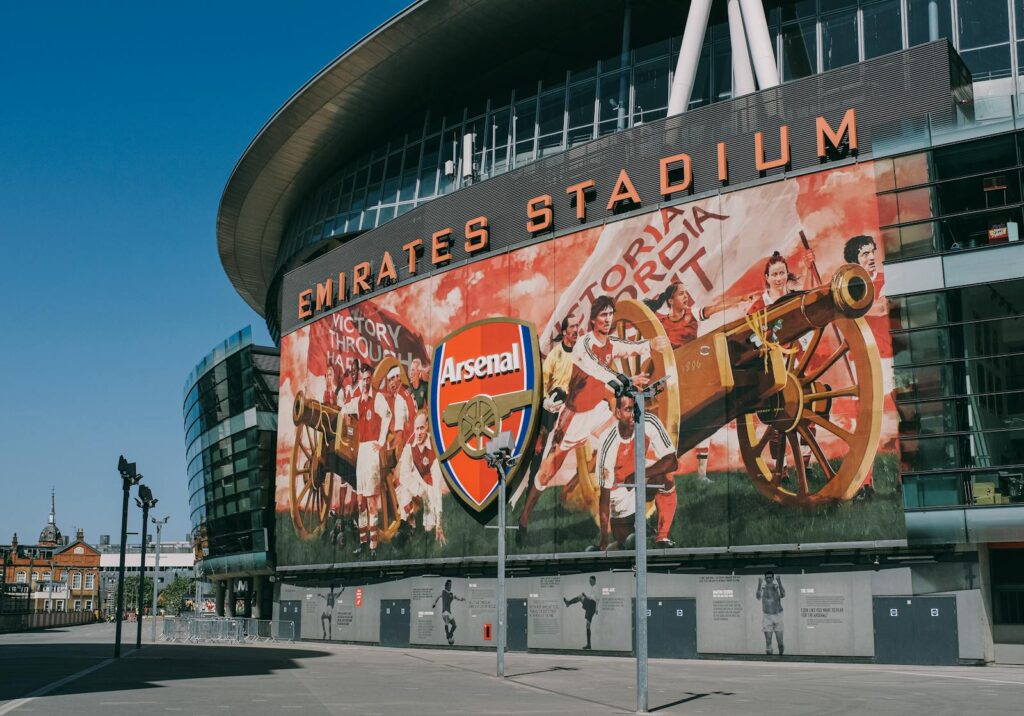 Exterior view of the iconic Emirates Stadium, home of Arsenal FC in London, England.