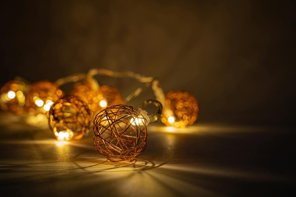 Close-up of warm copper wire string lights creating a cozy atmosphere.