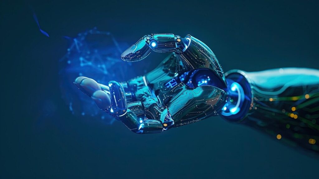 robot hand, glowing, blue, electricity, powered, augmented, ai, artificial intelligence, ai generated