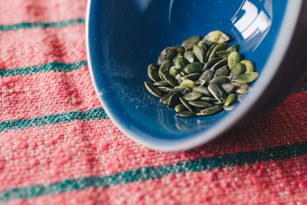 Close-up of pumpkin seeds in a blue bowl on a red patterned cloth.
