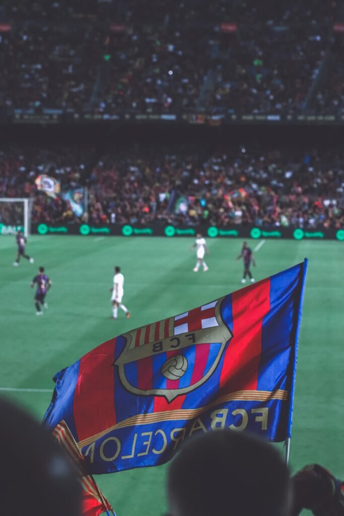 a group of people on a field with a flag in front of a crowd