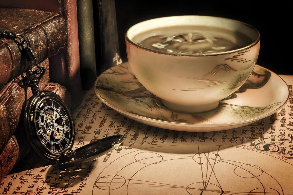 coffee, tea, cup, time, mug, teacup, coffee cup, watch, pocket watch, timepiece, tea cup, drink, antique, old, vintage, nostalgia, nostalgic