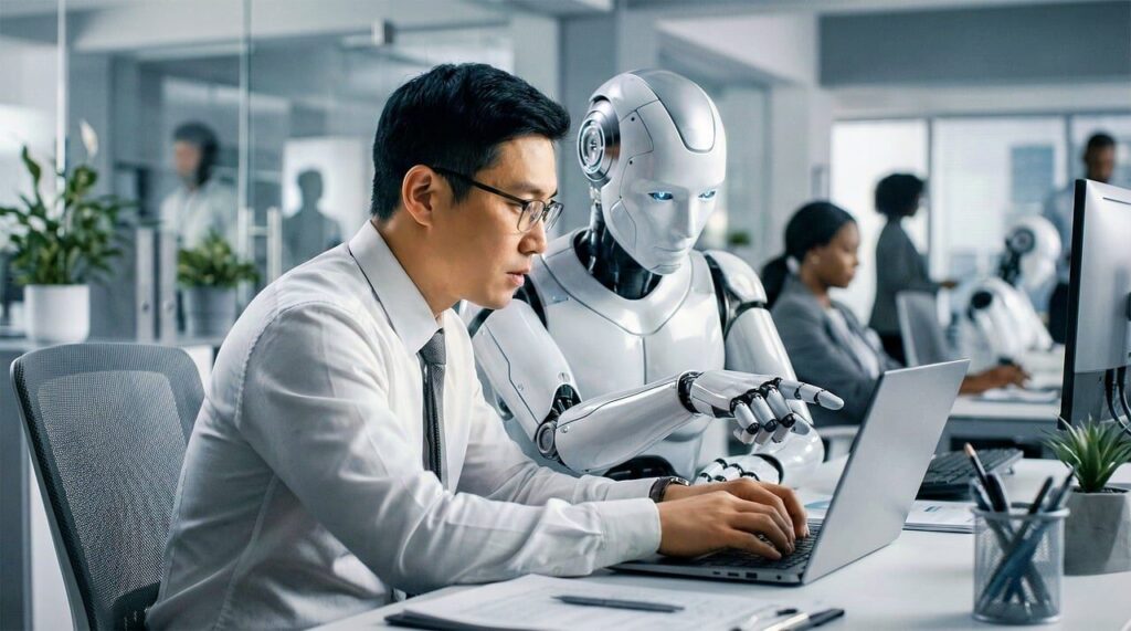 رجل ألي بجانب رجل بشري في مكان العمل